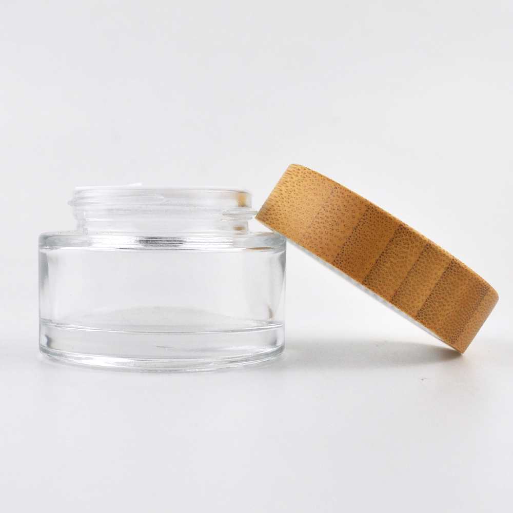 Luxury 5ml 15ml 30ml 50ml 100ml small transparent frosted glass jars with bamboo lids