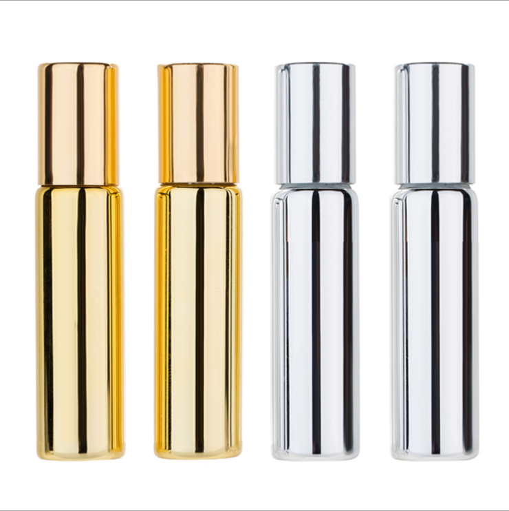 Luxury 5ml Yellow Gold Silver Plated Glass Roll On Bottle ,UV Coating Diffuser Essential Oil Bottle with Steel Ball and Gold Cap