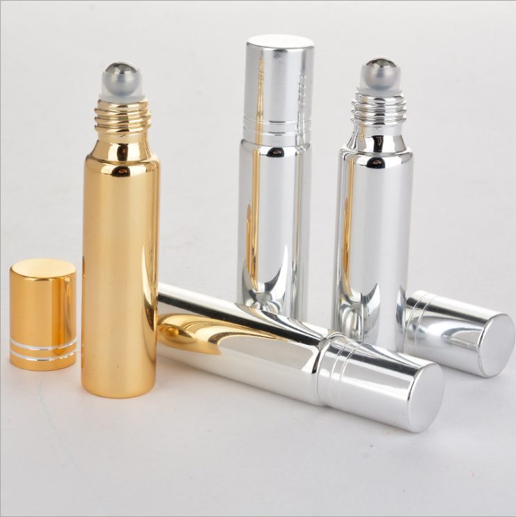 Luxury 5ml Yellow Gold Silver Plated Glass Roll On Bottle,UV Coating Diffuser Essential Oil Bottle with Steel Ball and Gold Cap