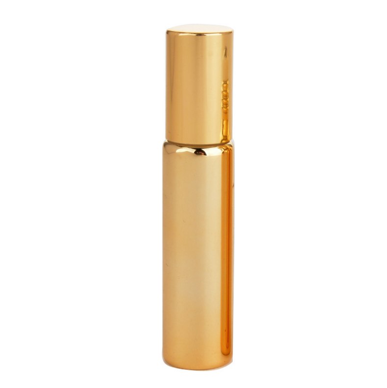 Luxury 5ml Yellow Gold Silver Plated Glass Roll On Bottle,UV Coating Diffuser Essential Oil Bottle with Steel Ball and Gold Cap