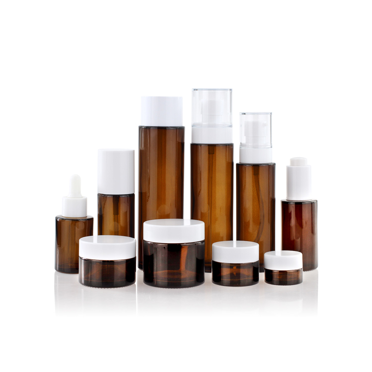 Luxury 80 Ml 100ml 120ml 150ml Empty Round Amber Cosmetic Face Lotion Cream Glass Bottle Jar Package Set