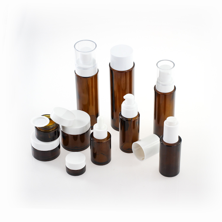 Luxury 80 Ml 100ml 120ml 150ml Empty Round Amber Cosmetic Face Lotion Cream Glass Bottle Jar Package Set