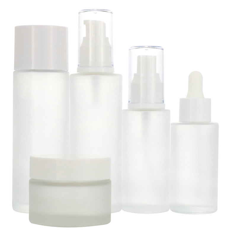 Luxury Aluminum 30ml 60ml 100ml120ml glass cosmetic packaging empty glass lotion bottle spray pump container skincare bottle set