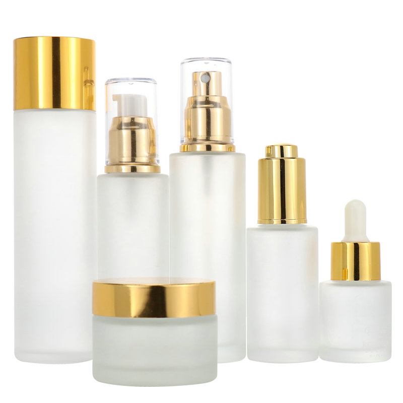 Luxury Aluminum 30ml 60ml 100ml120ml glass cosmetic packaging empty glass lotion bottle spray pump container skincare bottle set
