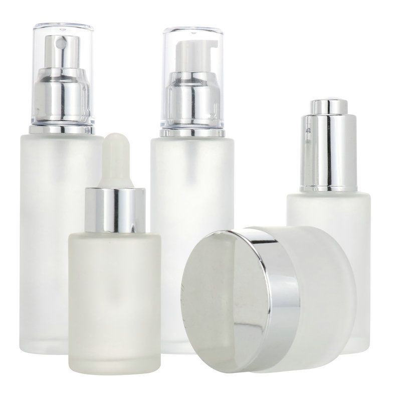 Luxury Aluminum 30ml 60ml 100ml120ml glass cosmetic packaging empty glass lotion bottle spray pump container skincare bottle set
