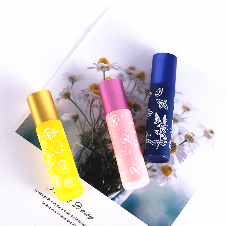 Luxury Colored Frosted 10ml Glass Spray Bottles Essential Oil Roll On Empty Perfume bottle with 5kinds flowers