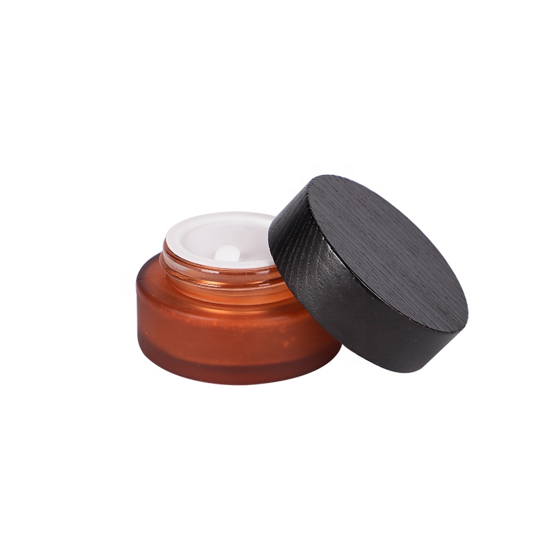 Luxury Cosmetic Custom Cream Jar 30g Brown Frosted Glass Jar With Wooden Lid
