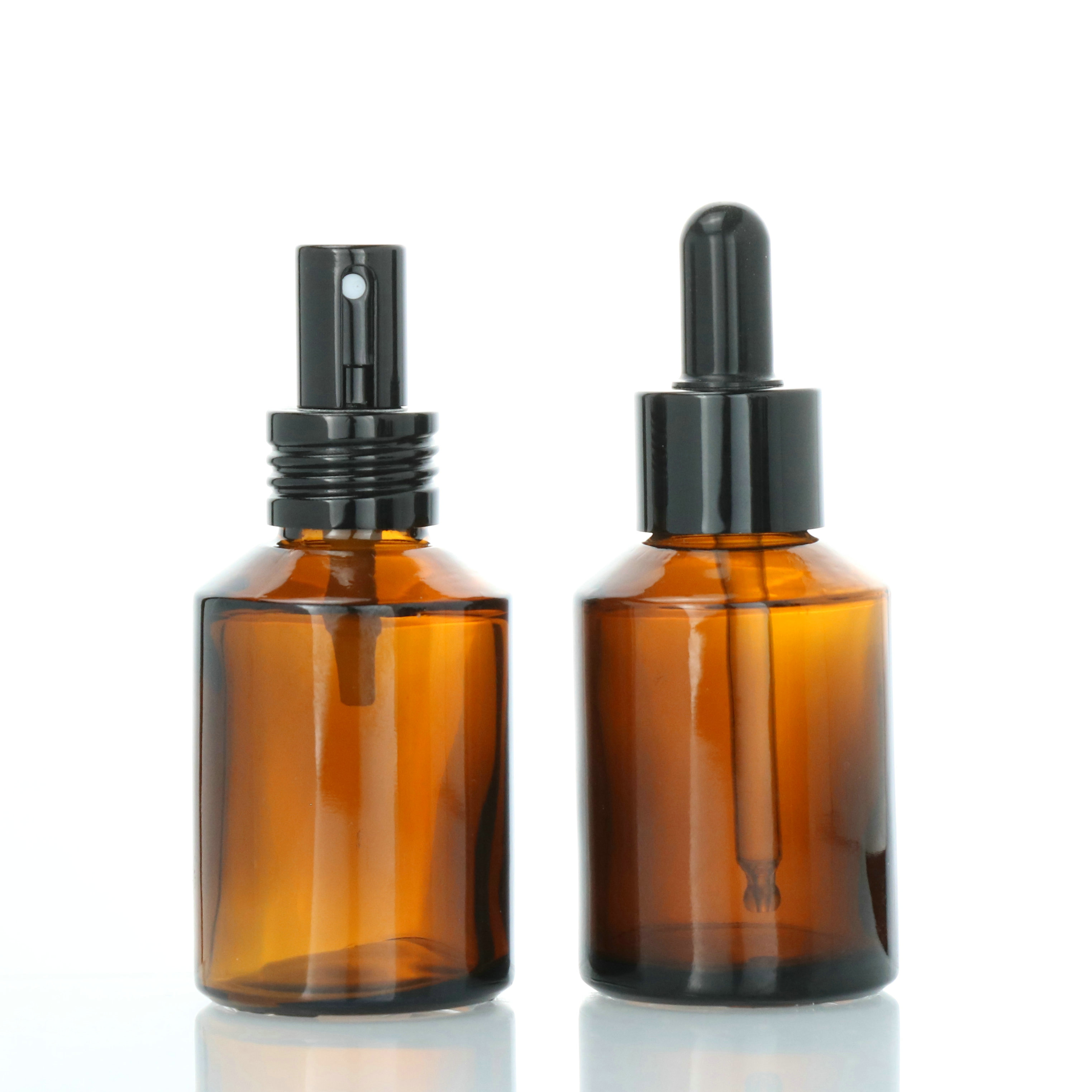 Luxury Cosmetic Packaging 15ml 30ml 50ml 60ml 125ml amber Frosted Glass Bottles Glass Jars With Black Aluminum Cap Dropper Pump