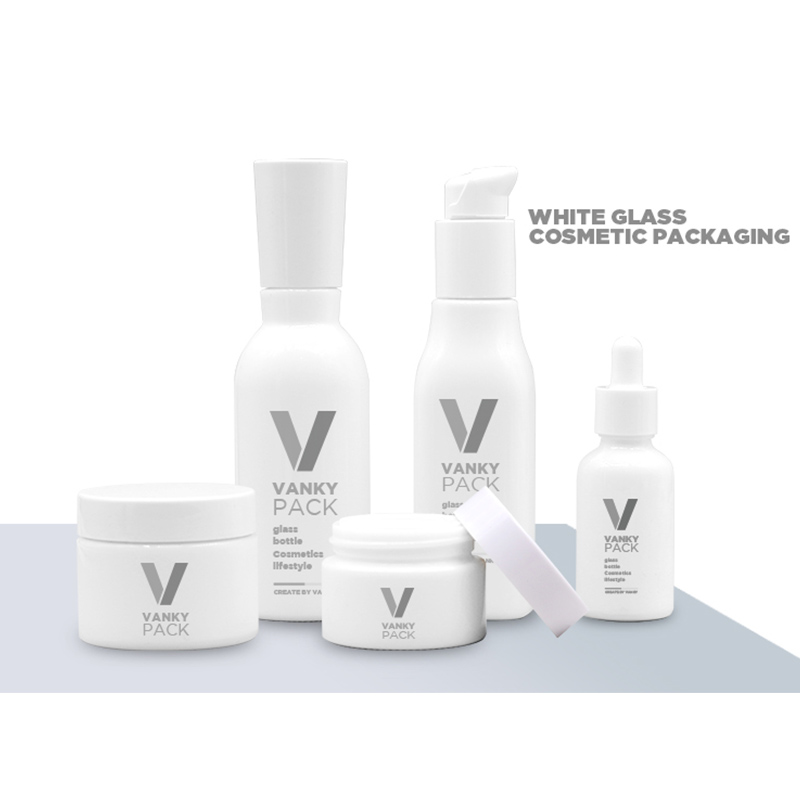 Luxury Cosmetic Packaging High Quality Whole Set White Glass Bottles and opal Jars