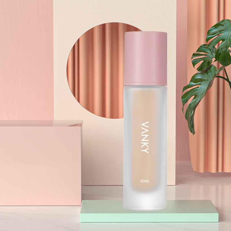 Luxury Cosmetics Packaging Straight Round Clear Frosted 30ml Glass Foundation Bottle with Pink Pump