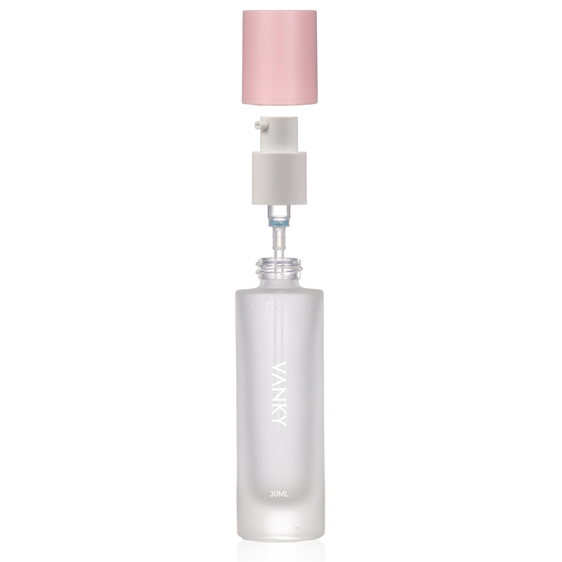 Luxury Cosmetics Packaging Straight Round Clear Frosted 30ml Glass Foundation Bottle with Pink Pump