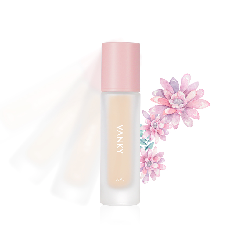 Luxury Cosmetics Packaging Straight Round Clear Frosted 30ml Glass Foundation Bottle with Pink Pump
