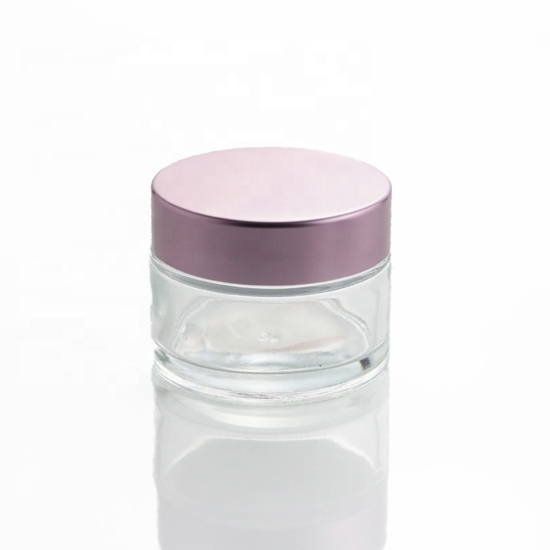 Luxury Costom Round 1 oz Clear Glass Jar and Dropper Bottle with Pink Aluminum Metal Lid (GJM66)