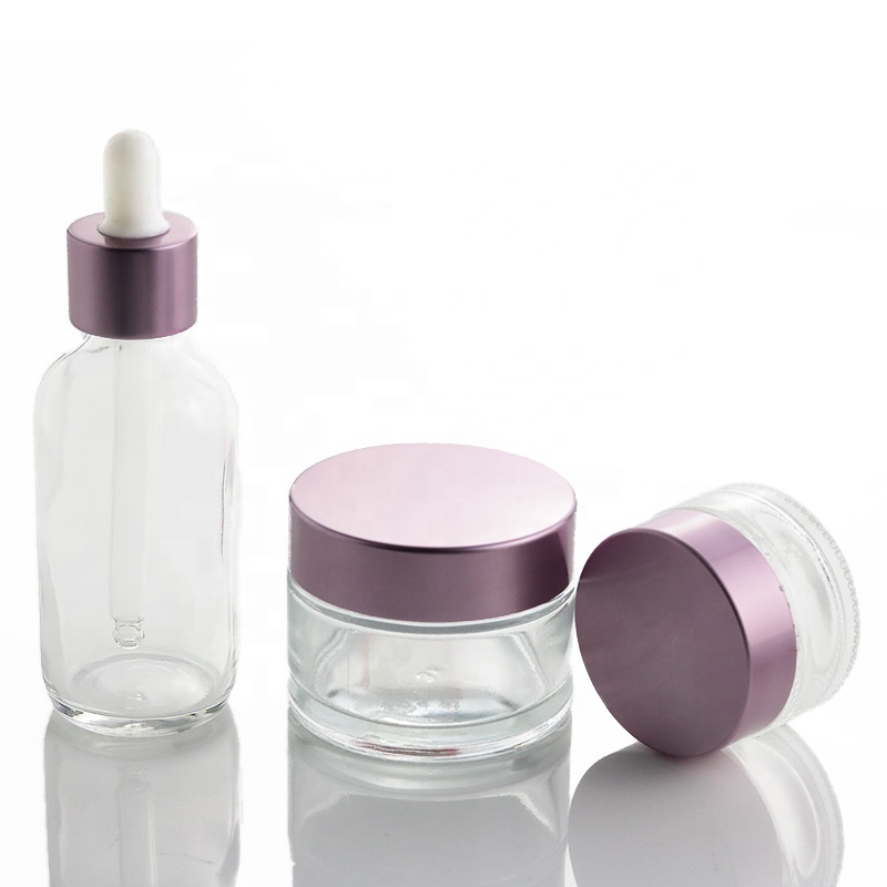 Luxury Costom Round 1 oz Clear Glass Jar and Dropper Bottle with Pink Aluminum Metal Lid (GJM66)