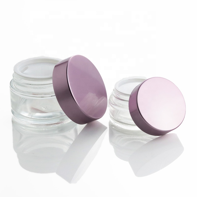 Luxury Costom Round 1 oz Clear Glass Jar and Dropper Bottle with Pink Aluminum Metal Lid (GJM66)