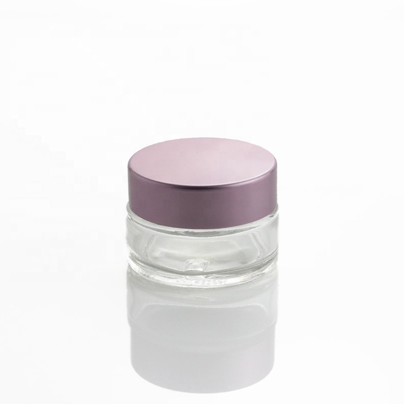 Luxury Costom Round 1 oz Clear Glass Jar and Dropper Bottle with Pink Aluminum Metal Lid (GJM66)