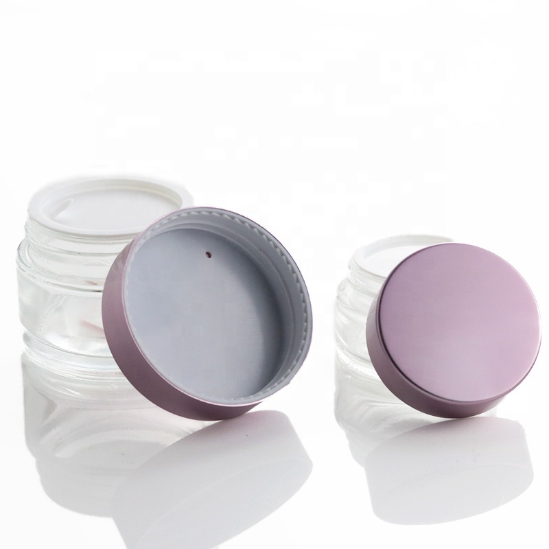 Luxury Cream Packaging Container 20ml 50ml Custom Empty Boston Round Cosmetic Bottle Glass Jar With Pink Aluminum Lid (GJM66)