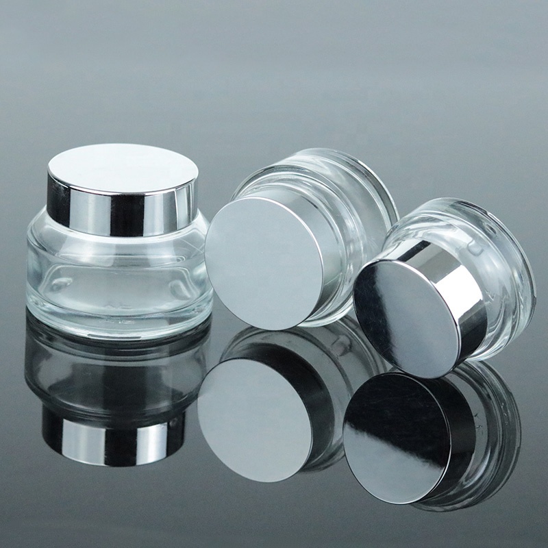 Luxury Custom Empty Glass Jar Cosmetic Packaging With UV Silver Lid for Cream  (GJM42)