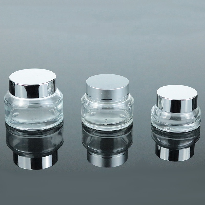 Luxury Custom Empty Glass Jar Cosmetic Packaging With UV Silver Lid for Cream (GJM42)