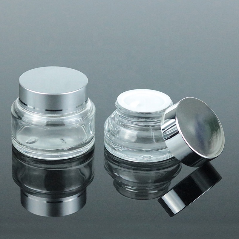 Luxury Custom Empty Glass Jar Cosmetic Packaging With UV Silver Lid for Cream (GJM42)