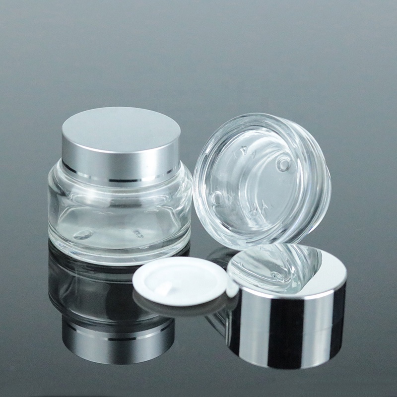 Luxury Custom Empty Glass Jar Cosmetic Packaging With UV Silver Lid for Cream (GJM42)