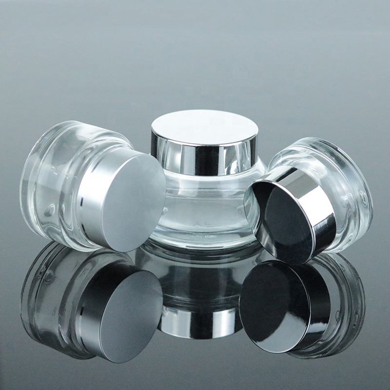 Luxury Custom Empty Glass Jar Cosmetic Packaging With UV Silver Lid for Cream (GJM42)