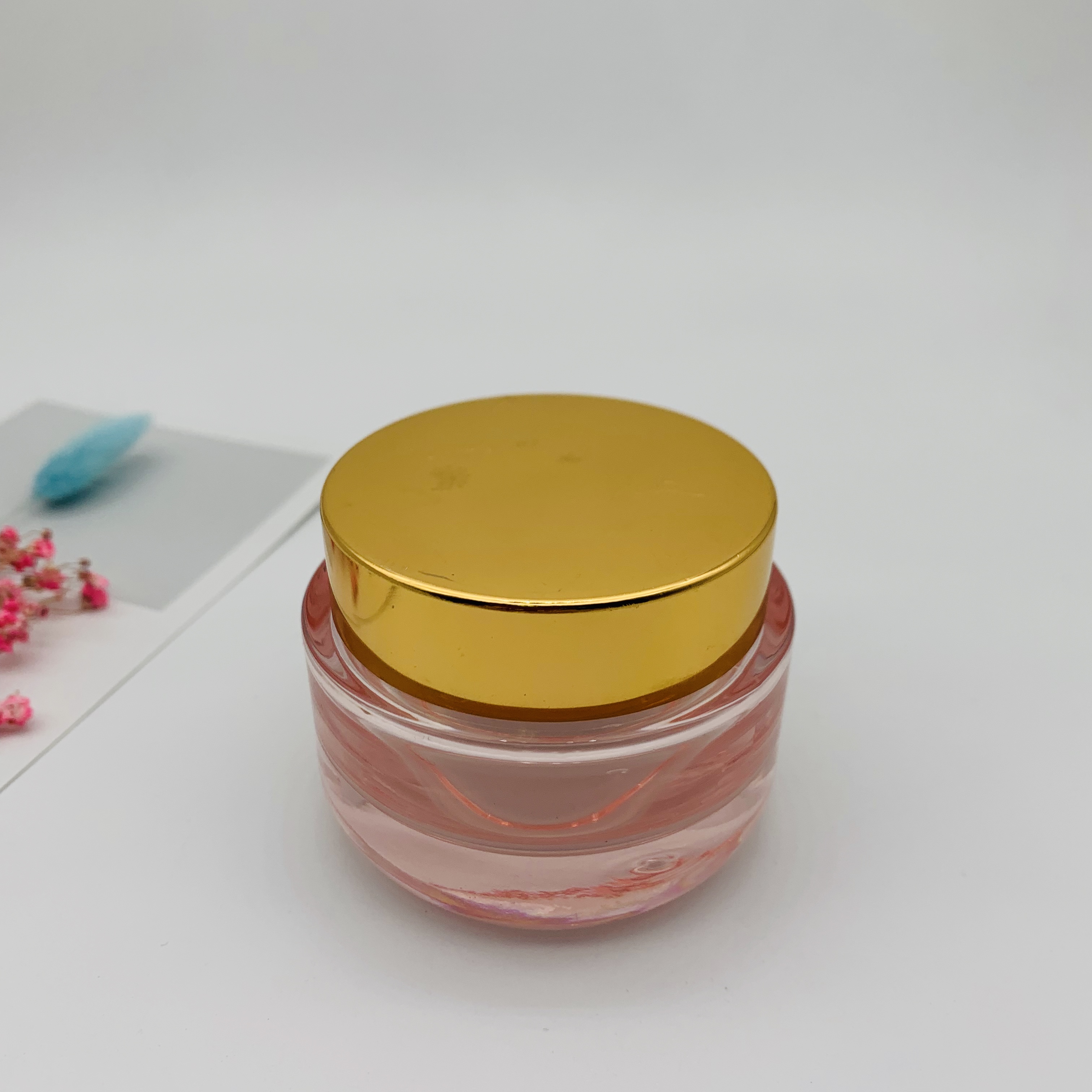 Luxury Custom Empty Pink Cream Glass Cosmetic Jar With Gold Lid 30g