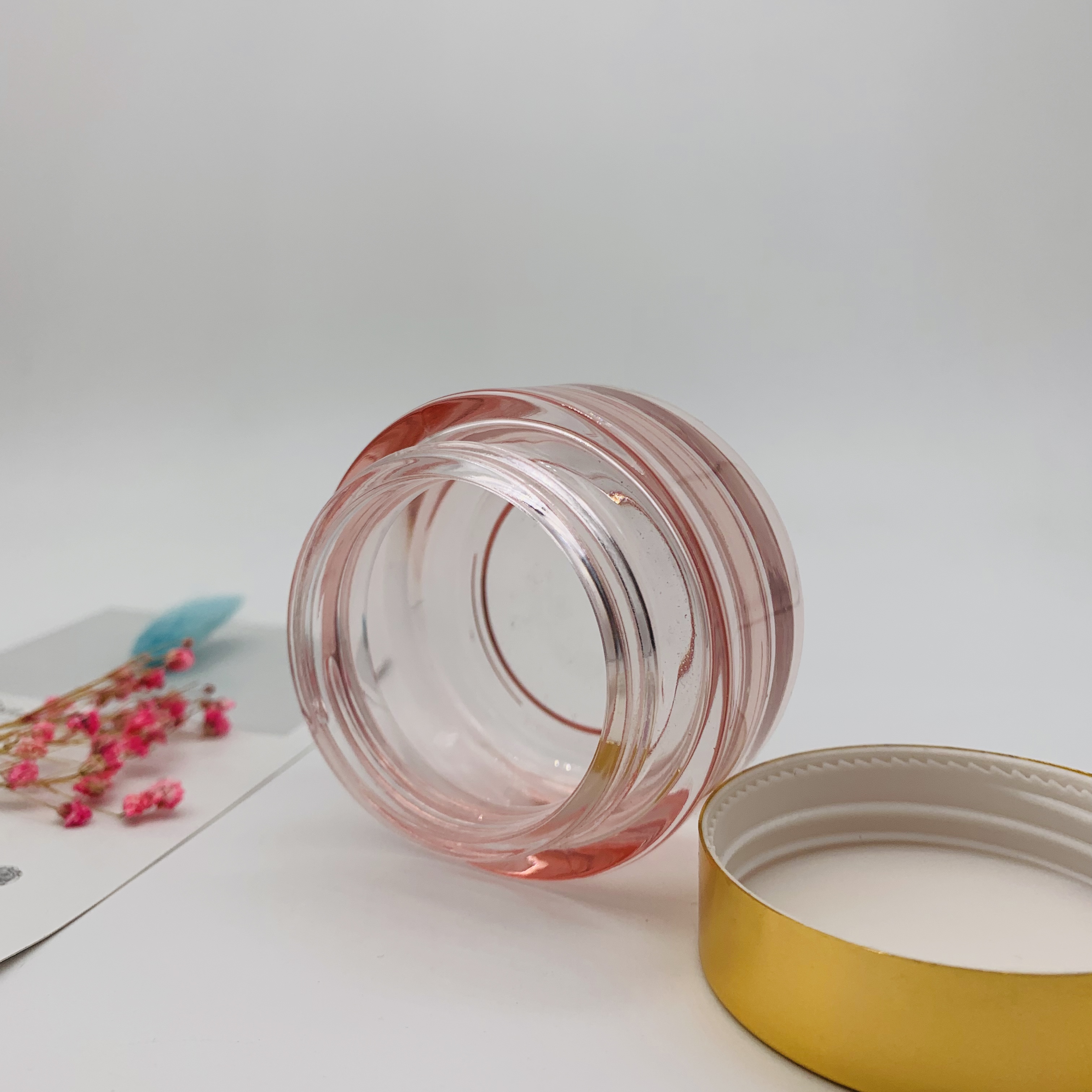 Luxury Custom Empty Pink Cream Glass Cosmetic Jar With Gold Lid 30g