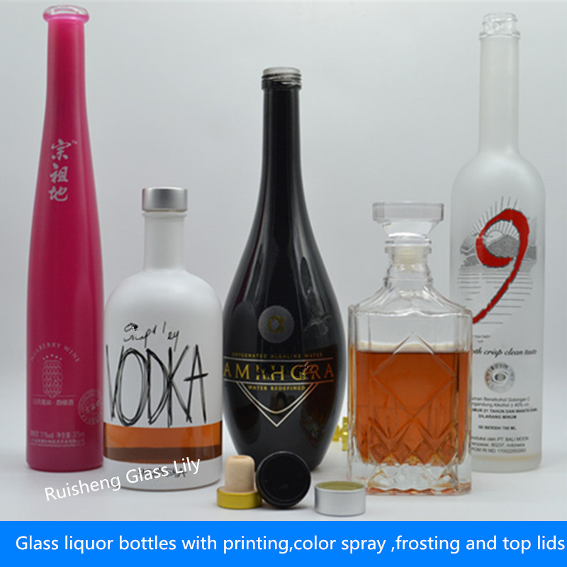 Luxury Custom Printing Empty square Gin rum brandy wine spirit whisky vodka 70cl 750ml frosted glass bottles for liquor wholesal