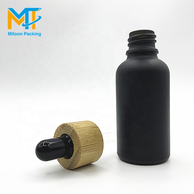 Luxury E liquid e juice Essential oil bottle 5ml 10ml 15ml 20ml 30ml 50ml 100ml bamboo lid black matte glass dropper bottle