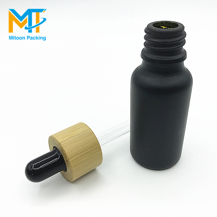 Luxury E liquid e juice Essential oil bottle 5ml 10ml 15ml 20ml 30ml 50ml 100ml bamboo lid black matte glass dropper bottle