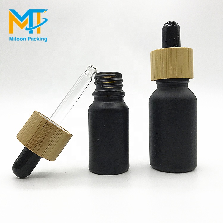 Luxury E liquid e juice Essential oil bottle 5ml 10ml 15ml 20ml 30ml 50ml 100ml bamboo lid black matte glass dropper bottle