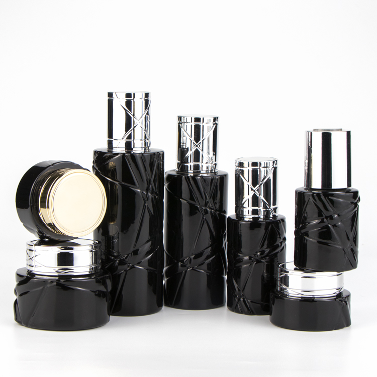 Luxury Eco-friendly 50g 120ml Unique Design Cosmetic Packaging Set Black Uv Skincare Cream/Lotion Glass Bottle With Press Pump