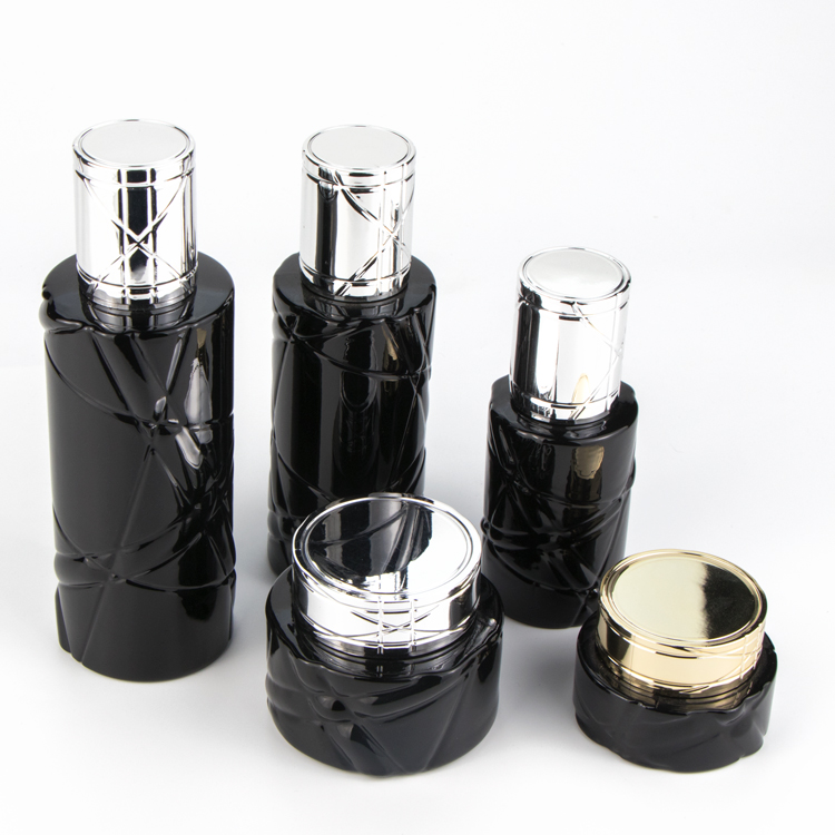 Luxury Eco-friendly 50g 120ml Unique Design Cosmetic Packaging Set Black Uv Skincare Cream/Lotion Glass Bottle With Press Pump