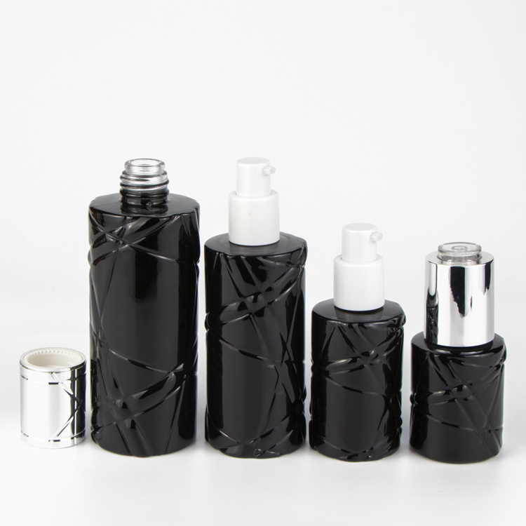 Luxury Eco-friendly 50g 120ml Unique Design Cosmetic Packaging Set Black Uv Skincare Cream/Lotion Glass Bottle With Press Pump