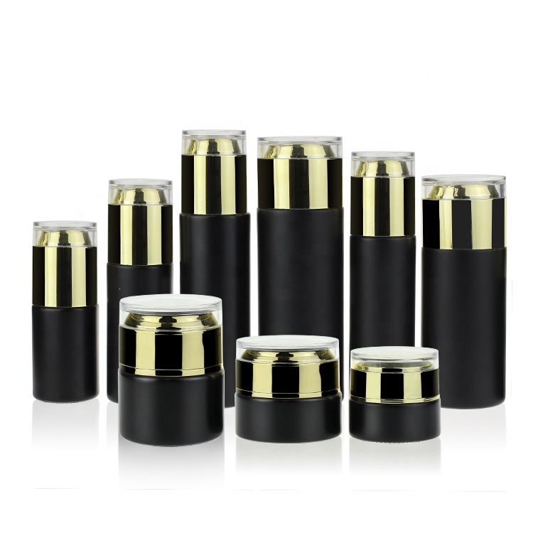 Luxury Empty Black Glass Cream Jar and Pump Spray Bottle Set Cosmetic Packaging Container