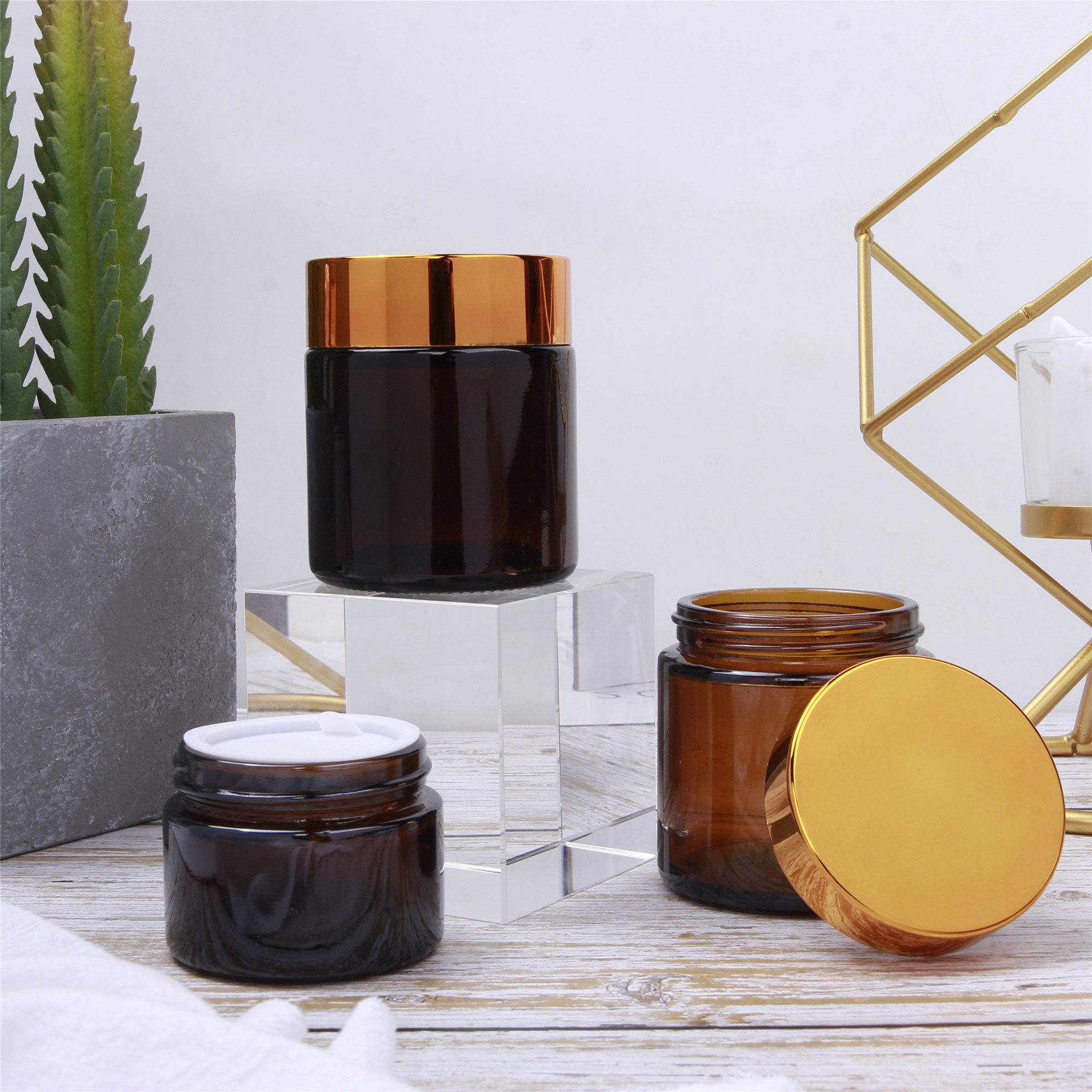 Luxury Empty Cosmetics Packaging Lotion Containers Body Face Amber Glass Cream Jar