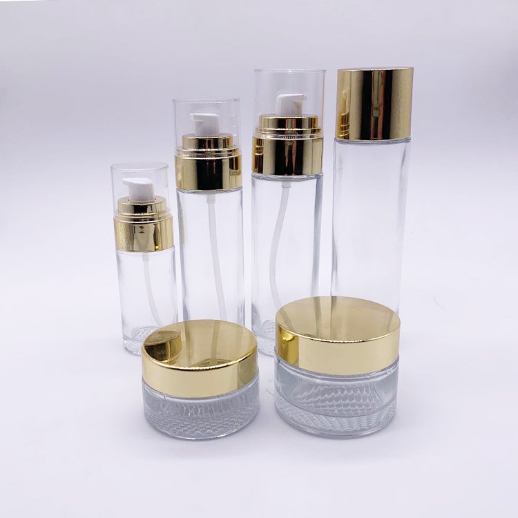 Luxury Empty  Glass Cream Jar and Pump Spray Bottle Set Cosmetic Packaging Container  with Gold or Silver lid