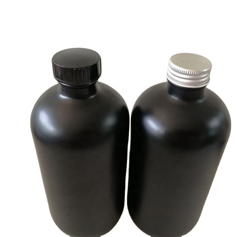 Luxury Frosted Black 16oz 500ml Boston Round Glass Bottles with Screw Cap For Cold Press Juice Beverage Drinking