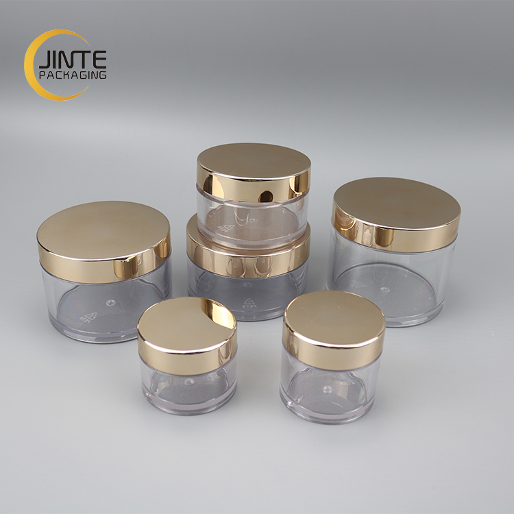 Luxury Good Quality Jinte Packaging Clear Plastic Jar PETG Cosmetic Jar Packaging With Gold Lid For Skincare Cream Container