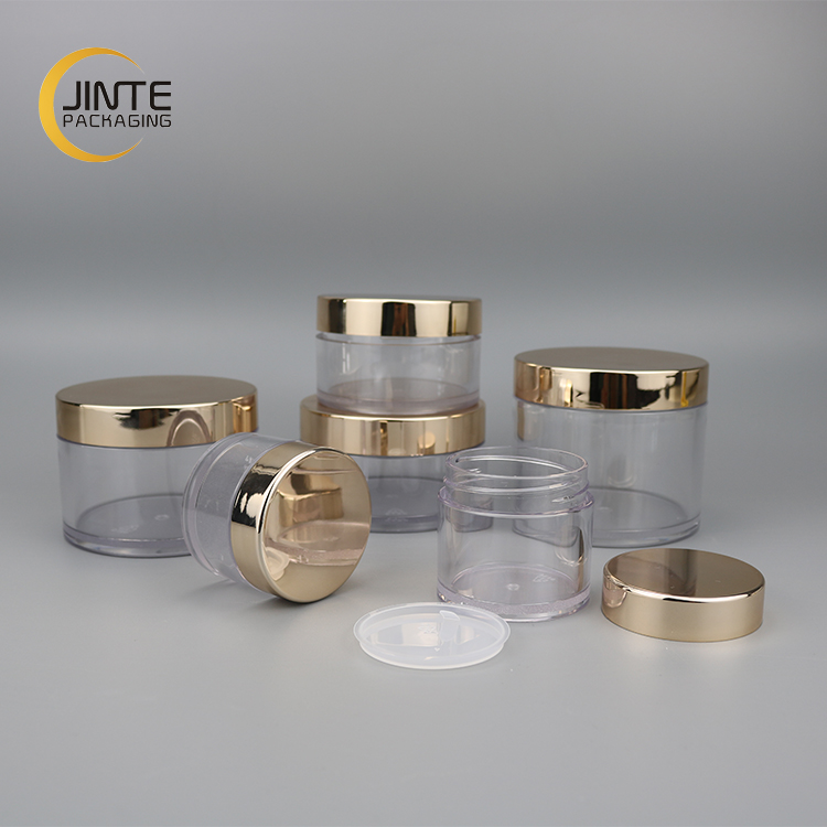 Luxury Good Quality Jinte Packaging Clear Plastic Jar PETG Cosmetic Jar Packaging With Gold Lid For Skincare Cream Container