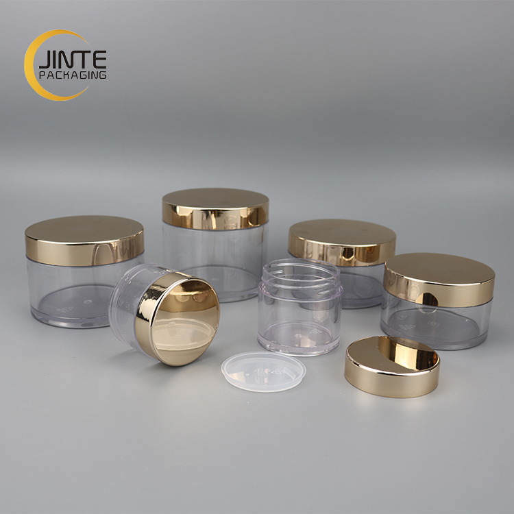 Luxury Good Quality Jinte Packaging Clear Plastic Jar PETG Cosmetic Jar Packaging With Gold Lid For Skincare Cream Container