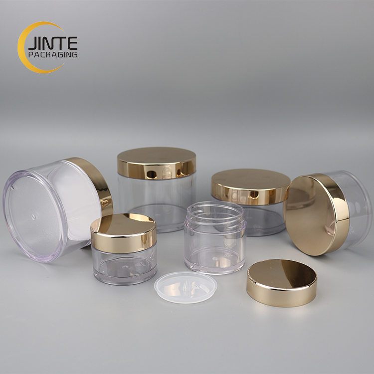 Luxury Good Quality Jinte Packaging Clear Plastic Jar PETG Cosmetic Jar Packaging With Gold Lid For Skincare Cream Container