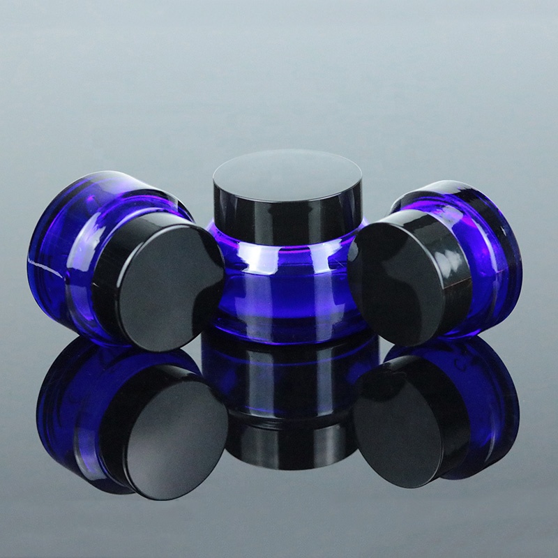 Luxury High Quality 15ml 30ml 50ml Empty Round Blue Glass Jar With Black for Cosmetic Packaging (GJM38)