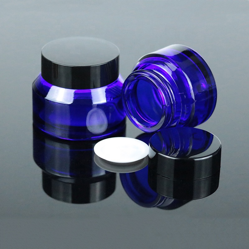 Luxury High Quality 15ml 30ml 50ml Empty Round Blue Glass Jar With Black for Cosmetic Packaging (GJM38)