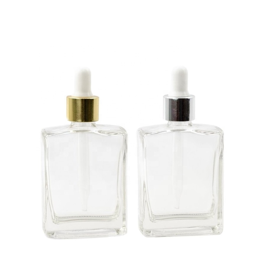 Luxury Hot selling product 15ml 30ml 50ml 100ml flat shoulder rectangle clear  glass dropper bottles with  silver cap rubber
