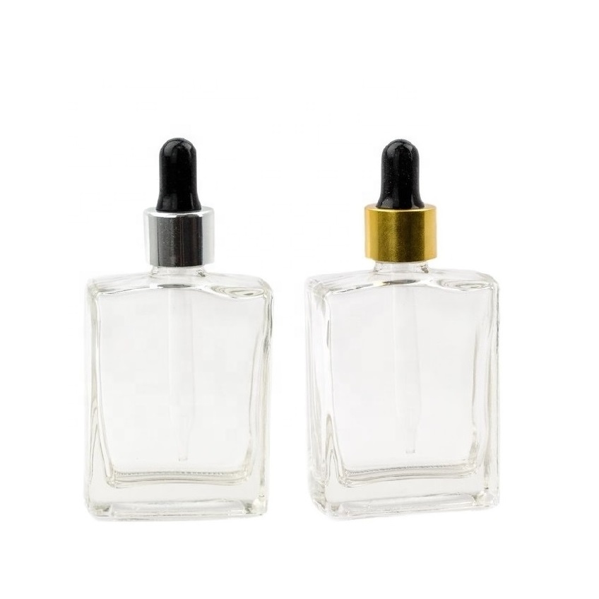 Luxury Hot selling product 15ml 30ml 50ml 100ml flat shoulder rectangle clear glass dropper bottles with silver cap rubber