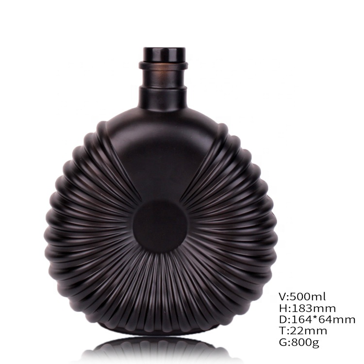 Luxury Matte black 500ml empty glass wine liquor bottle for gin whisky with cork stopper