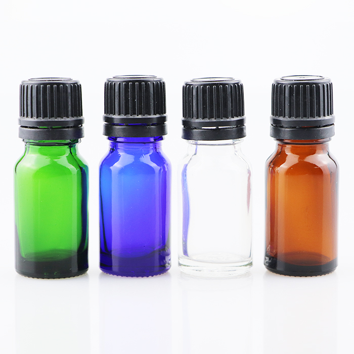 Luxury New Design clear green blue amber Color Glass essential oil Bottles with plug and tamper cap