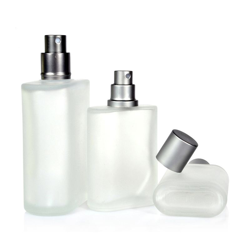 Luxury Oblate rectangle 30ml 50ml 100ml frosted refillable glass perfume bottle with aluminum cap fragrance mist spray bottle